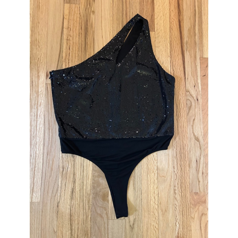 REISS Black Sequin One Shoulder Thong Bodysuit‎ Women's Scarlette Medium
